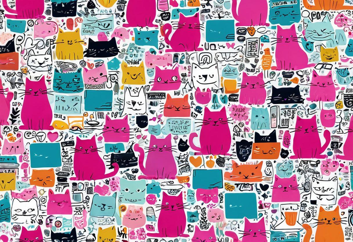 A whimsical collage showcasing quirky websites with humorous elements, featuring a playful cat meme, a bright pink retro website, and an eccentric online platform with animated doodles. The background should be a colorful, vibrant digital landscape filled with floating icons representing the internet's oddities. Add a hint of laughter by including whimsical characters interacting with these sites. super-realistic. vibrant colors. digital art.