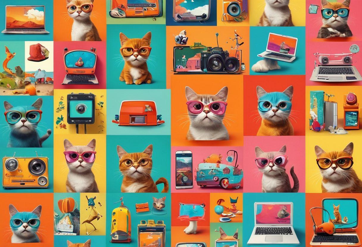 A whimsical digital collage showcasing a vibrant array of bizarre and outrageous websites, each represented by quirky icons and playful animations. Include elements like a dancing cat meme, an eccentric blog layout, and surreal landscape backgrounds. Incorporate bold colors and bold typography that evoke a sense of adventure and curiosity. The scene should have a sense of depth, as if diving into the internet's most eccentric corners. cartoon-style. vibrant colors.