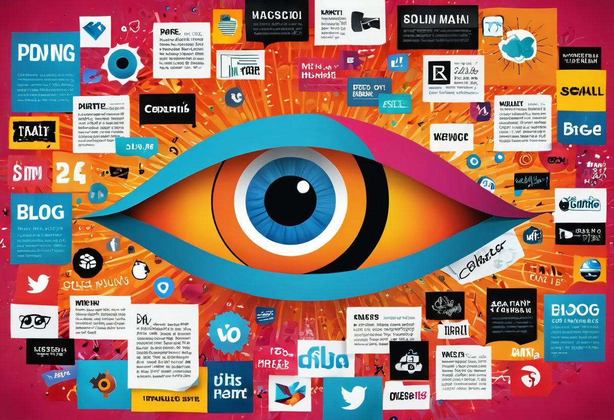 A vibrant collage of digitally rendered blog posts and articles featuring eye-catching headlines, surrounded by social media icons and trending hashtags. In the background, a dynamic wave of engaging imagery represents online trends, with a splash of colors emphasizing the 'viral' aspect. The overall composition creates a lively and inviting atmosphere for readers eager to explore current content. vibrant colors. vector art.